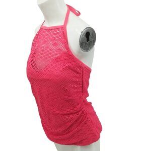 Island Escape Crochet Lace Halter Tankini Bikini Top Size 12 Padded Pushup Coral